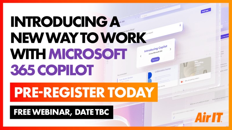 Graphic title is "introducing a new way to work with microsoft 365 copilot. Pre-register today. Free webinar, date to be confirmed". 