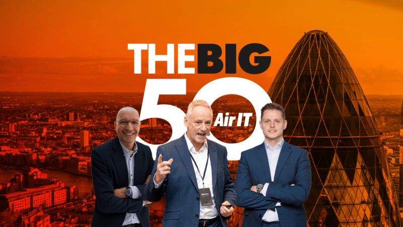 Three speakers for the big 50 event stand in front of a skyline image of the London Gherkin building.
