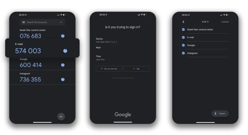 Google Authenticator's interface in dark mode.